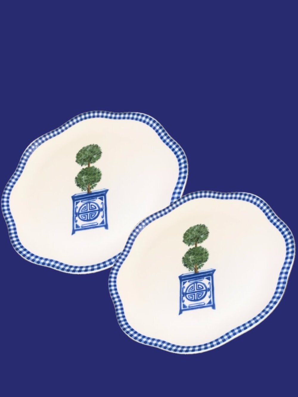 Southern Living Topiary Stoneware Salad Plates Set of 2 Gingham Blue
